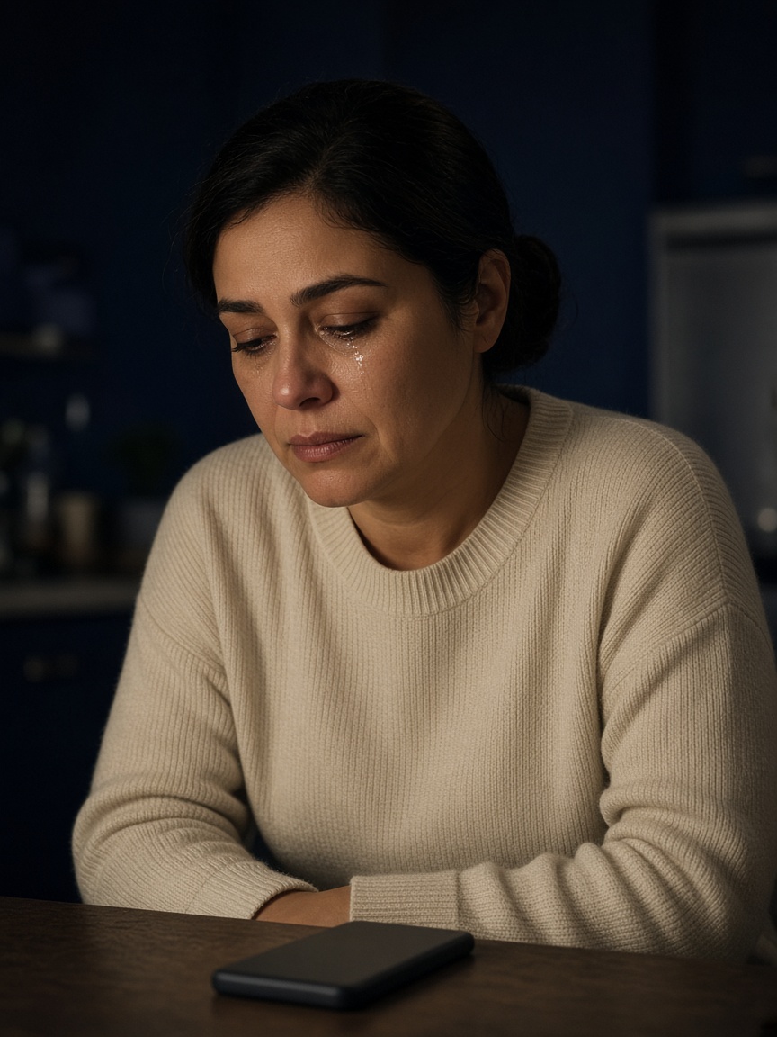 Mulher à mesa, uma lágrima, o fato na frente